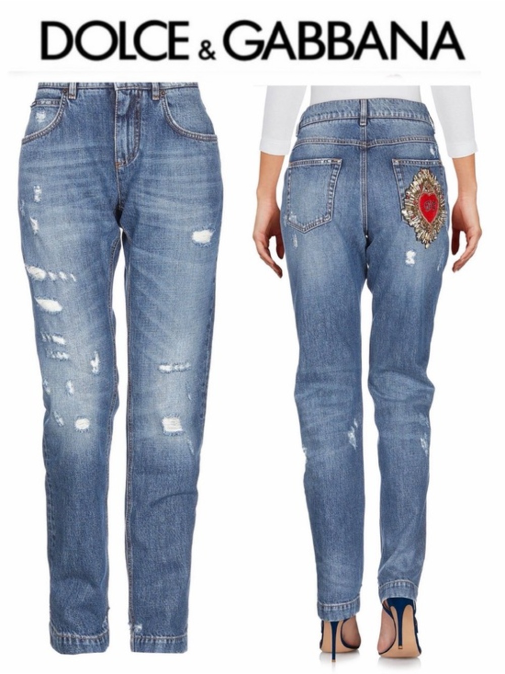 Dolce & Gabbana Blue Distressed Embroidered Heart Women’s Jeans 38 NWT $1300